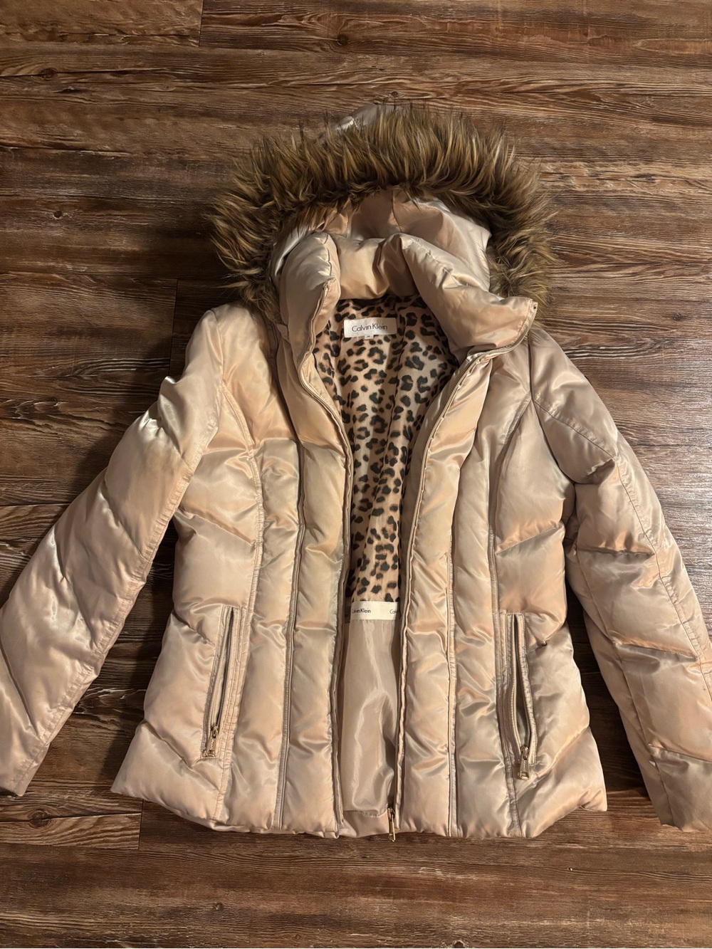 Calvin Klein Women's Cream Puffer Jacket with Faux-Fur Trim & Leopard Lining